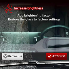 Before and after of the windscreen cleaned with an oil film cleaning brush, which improved clarity by successfully reaching and removing toxic grime and oil residue.