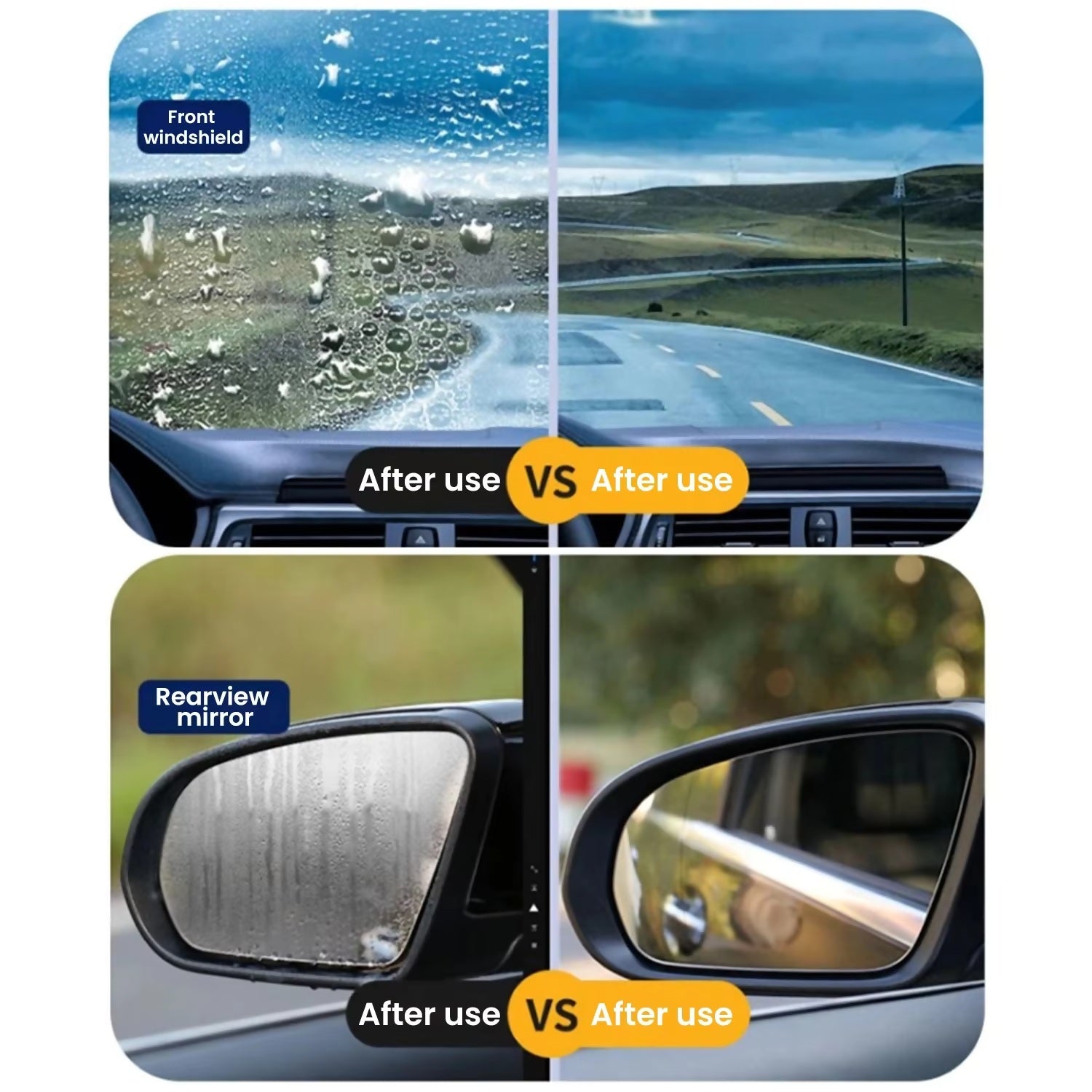 The image simply showing before and after the effect of the oil film cleaning brush that makes the rearview mirror of a car clear again after it removes grime and oils for a spotless result.